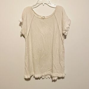 Umgee Size S Beige Oatmeal Short Sleeve Linen Cotton Frayed Tunic Top